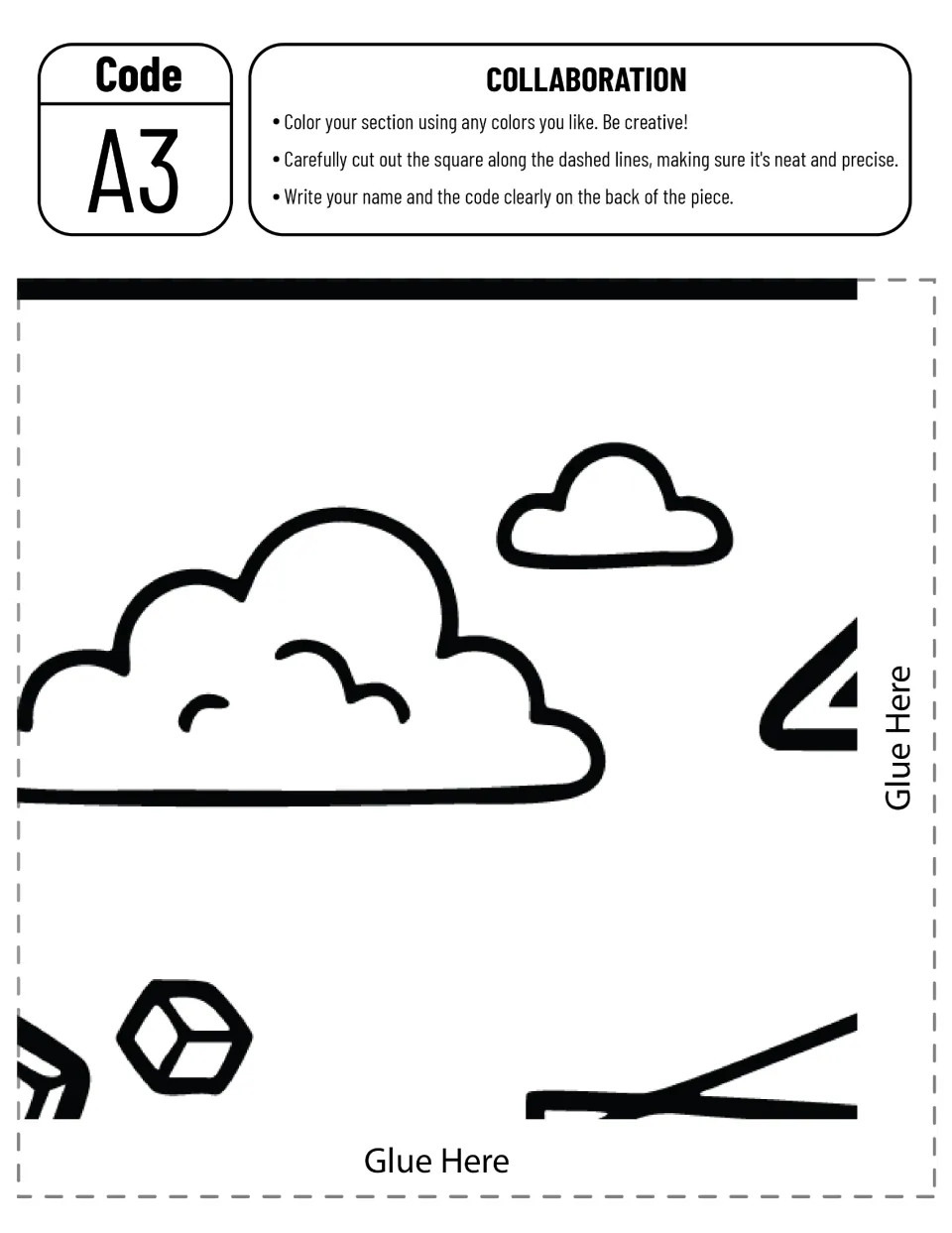 Poster cut-out piece A3: students color a large cloud, a small cloud and a falling block, then cut out and code the piece