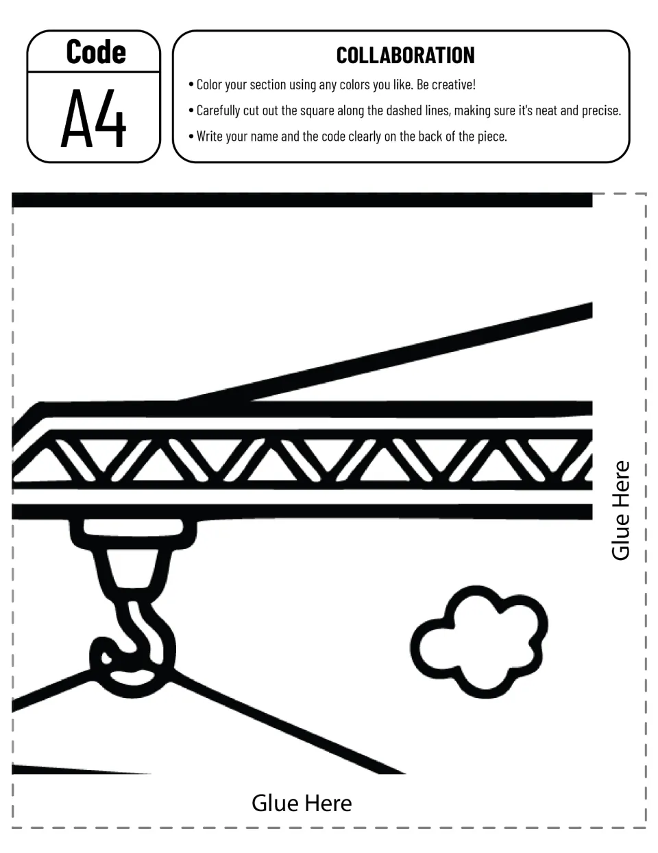 Poster cut-out piece A4: students color the crane's lattice arm, its hook and a small cloud before cutting it out