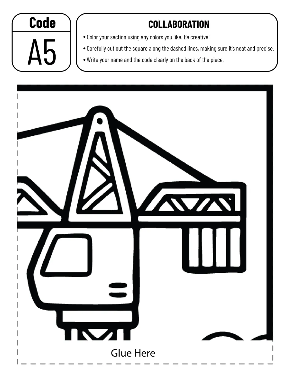 Poster cut-out piece A5: students color the crane tower top and operator cab, then cut it out and add their name and code