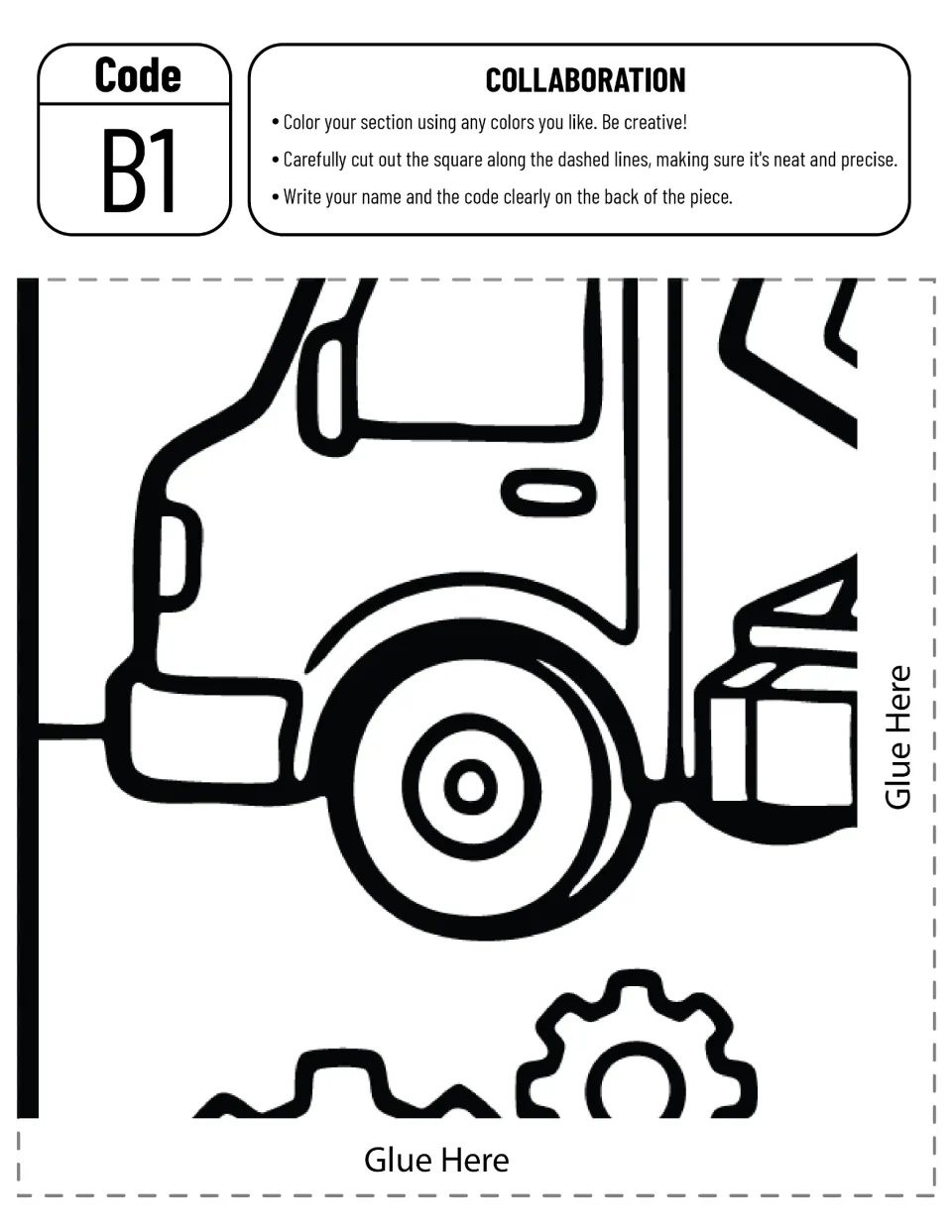 Poster cut-out piece B1: students color the dump truck's front cab, wheel and two gears, then cut it out and write the code