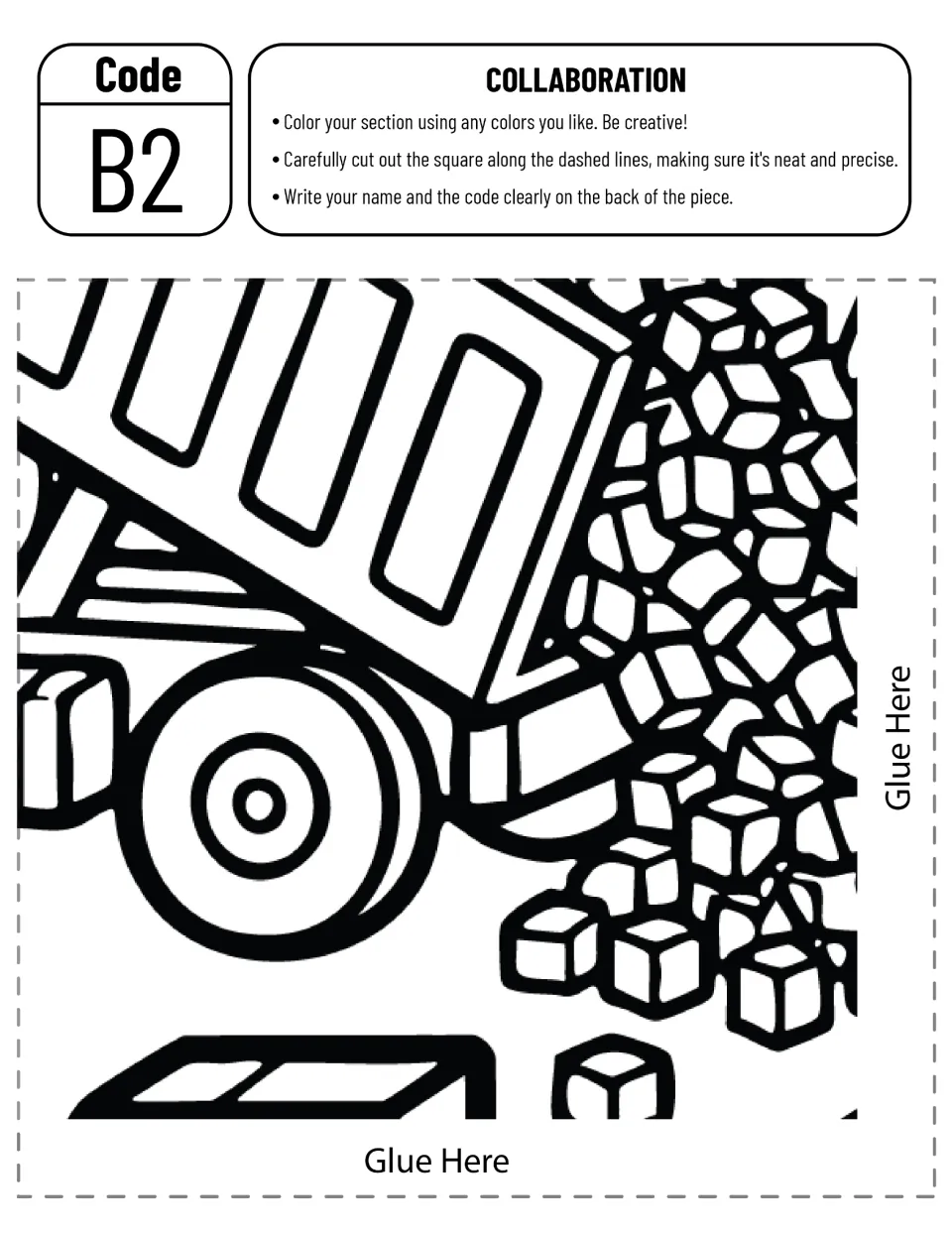 Poster cut-out piece B2: students color the tipping truck bed, rear wheel and pile of spilling blocks, then cut and label it