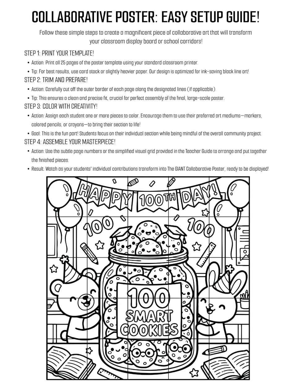 Collaborative poster setup guide: 4 steps to print 25 pages, trim, color and assemble the 100 Smart Cookies party scene