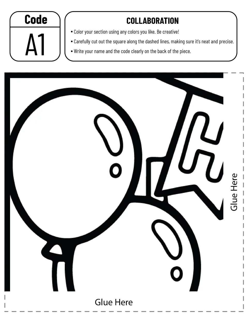 Poster piece A1, a cut-out piece: students color two balloons and the H banner flag, cut it out and write name and code