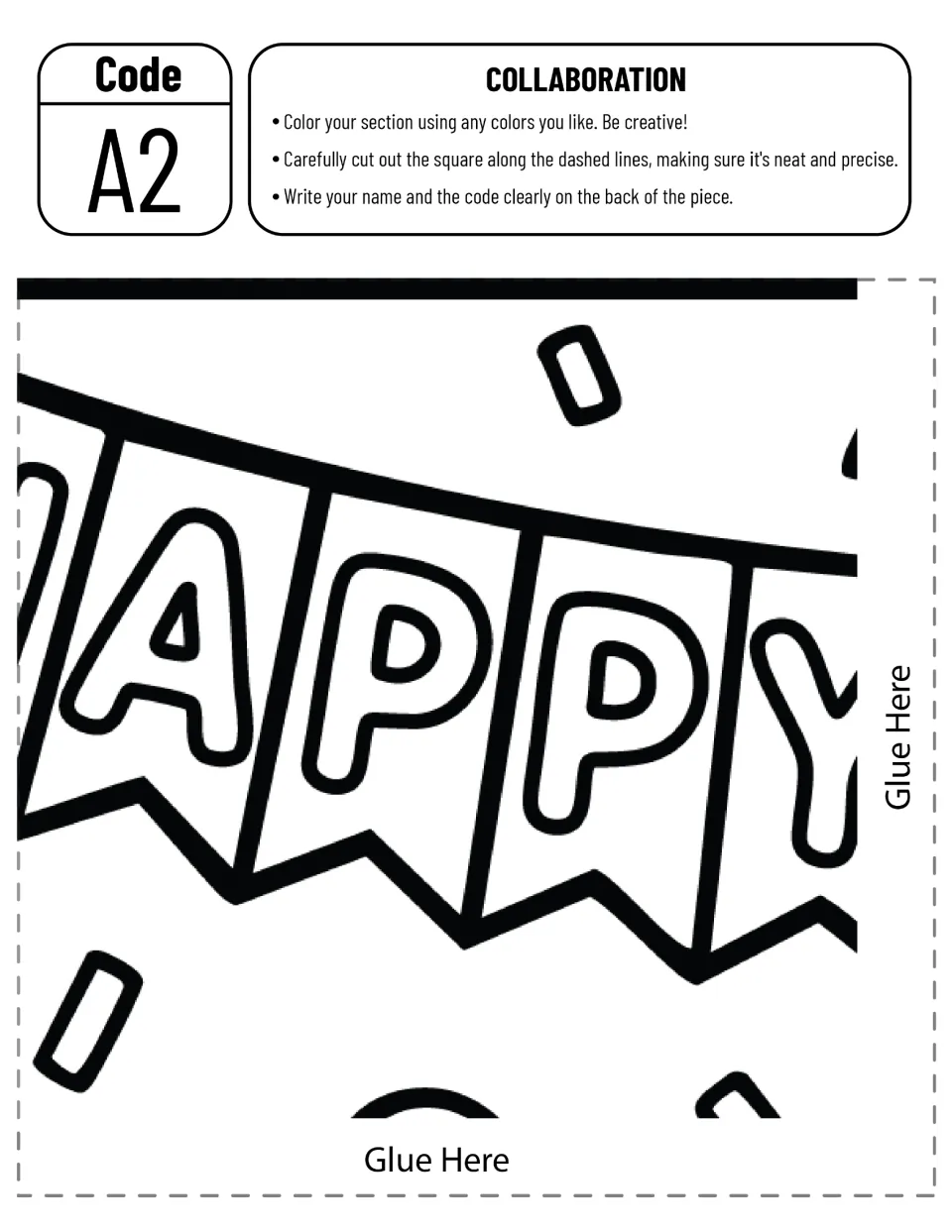 Poster piece A2, a cut-out piece: students color the APPY banner flags and confetti, then cut along the dashed lines