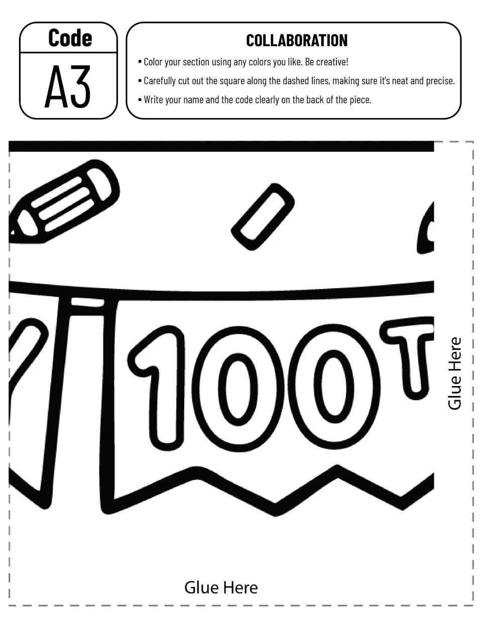 Poster piece A3, a cut-out piece: students color the 100 banner flag, a pencil and confetti before cutting the square out