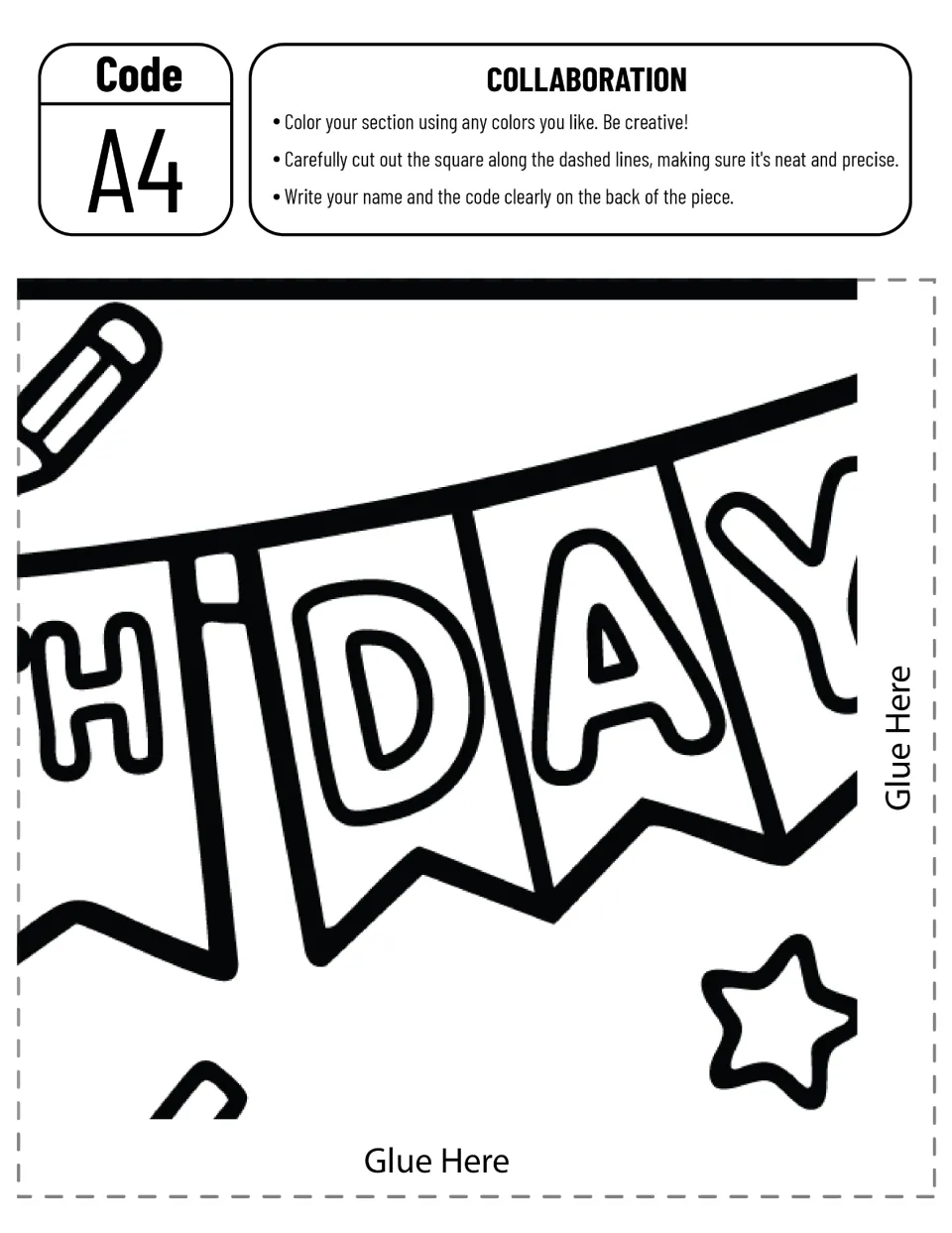 Poster piece A4, a cut-out piece: students color the DAY banner flags, a pencil and a star, then label the back with code