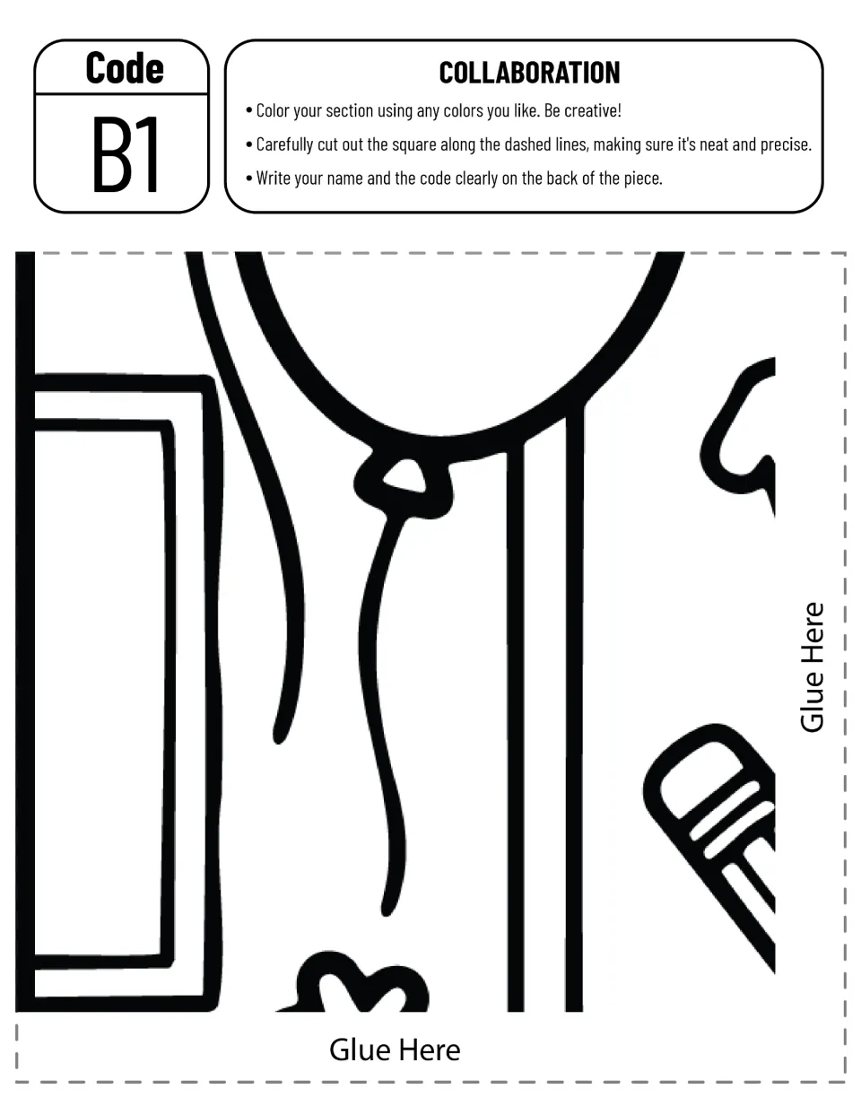 Poster piece B1, a cut-out piece: students color balloon strings, a pencil and a classroom board edge, then cut it out