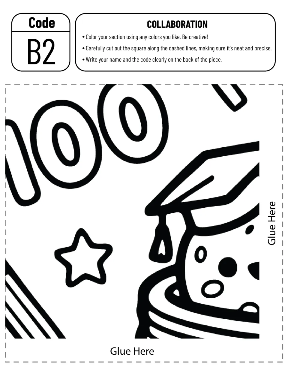 Poster piece B2, a cut-out piece: students color part of a 100, a star and a cookie in a graduation cap, then cut it out