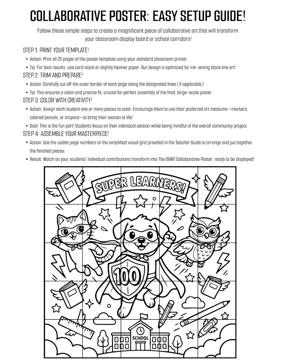 Setup guide: four steps to print 25 pages, trim, color and assemble the Super Learners poster of a puppy with a 100 shield