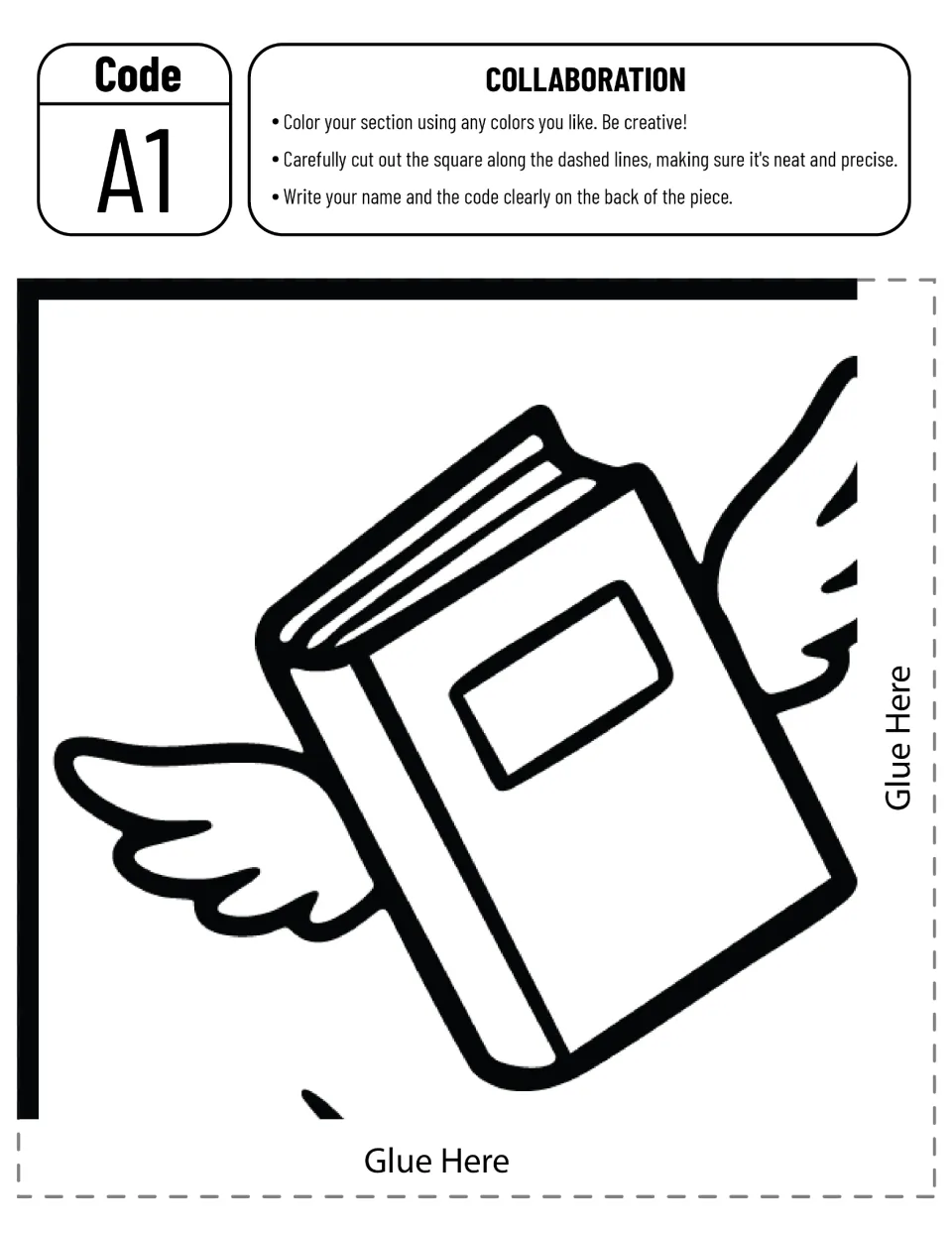 Poster cut-out piece A1: students color a flying book with wings, cut it out, write name and code on the back and glue it