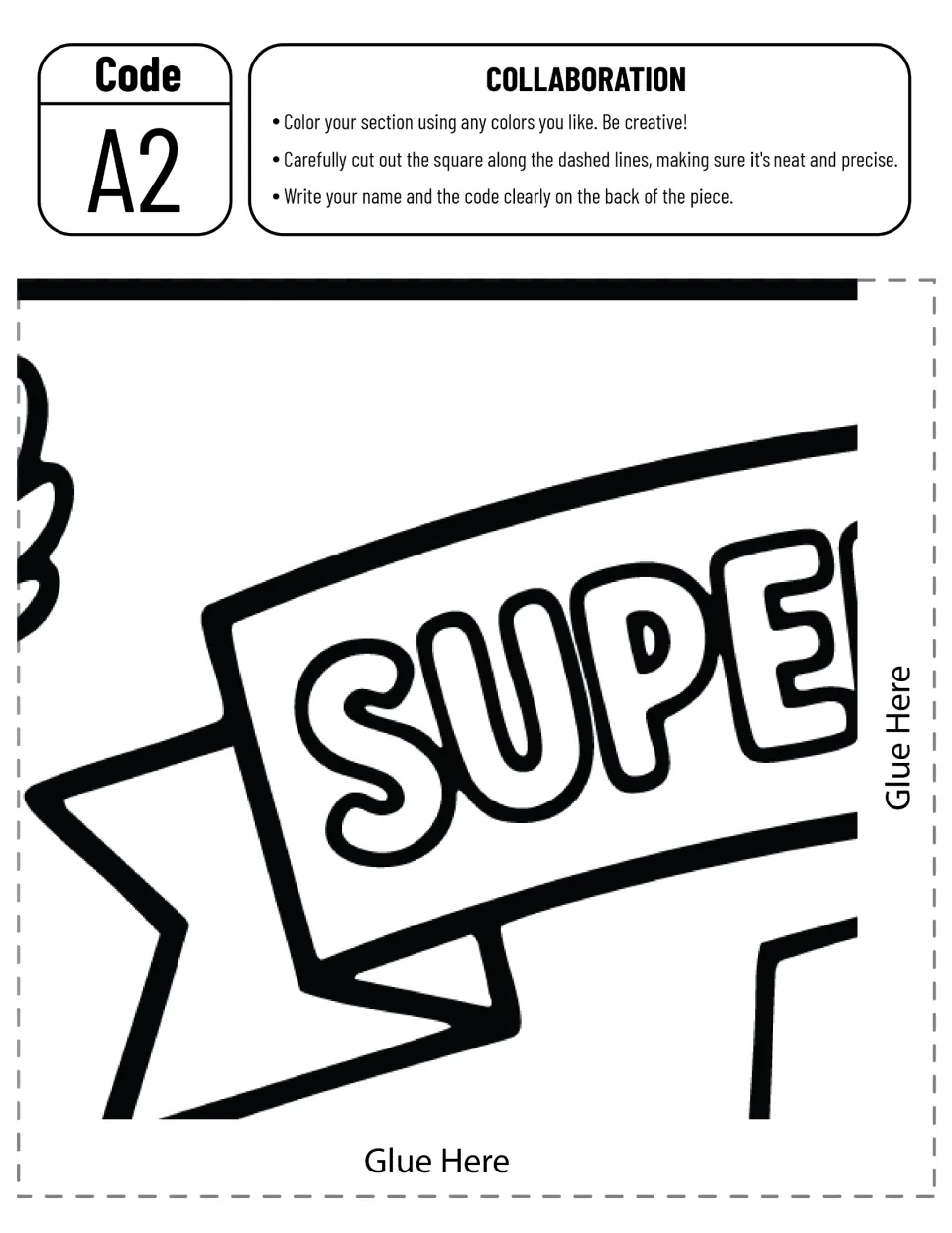 Poster cut-out piece A2: left end of the banner showing SUPE for a student to color, cut out and label with name and code