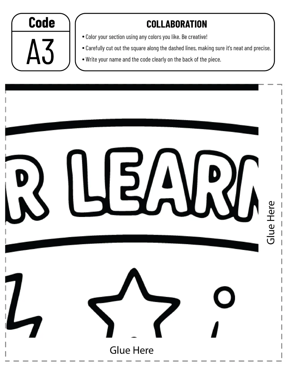 Poster cut-out piece A3: middle of the banner showing R LEARN above a star and lightning bolt, to color, cut out and glue