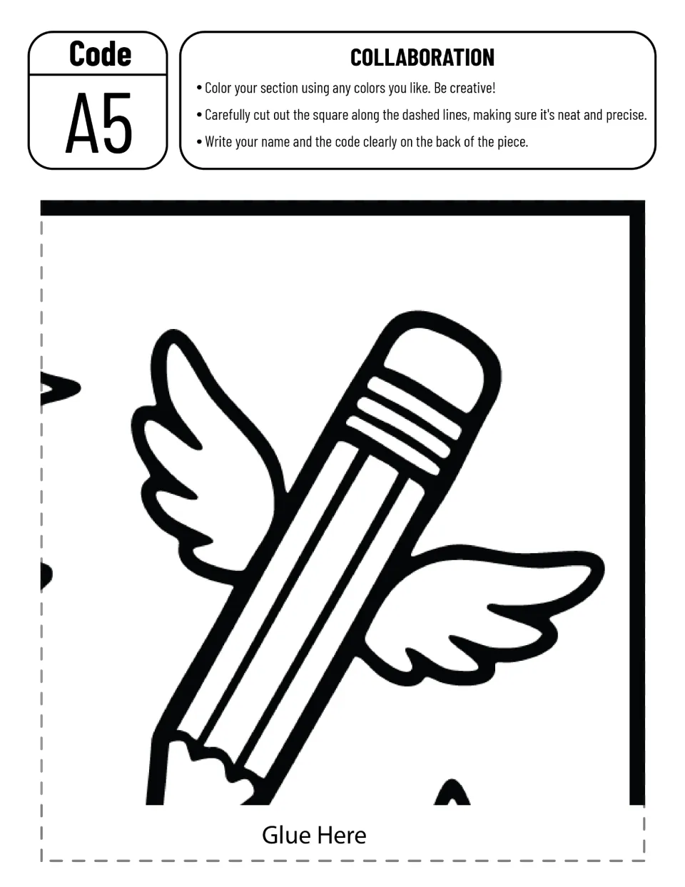 Poster cut-out piece A5: a pencil with wings in the top-right corner for a student to color, cut along dashes and sign