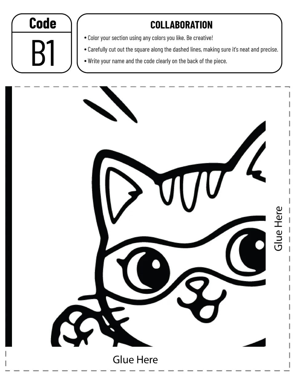 Poster cut-out piece B1: the masked superhero cat's head and paw for a student to color, cut out and mark with name and code