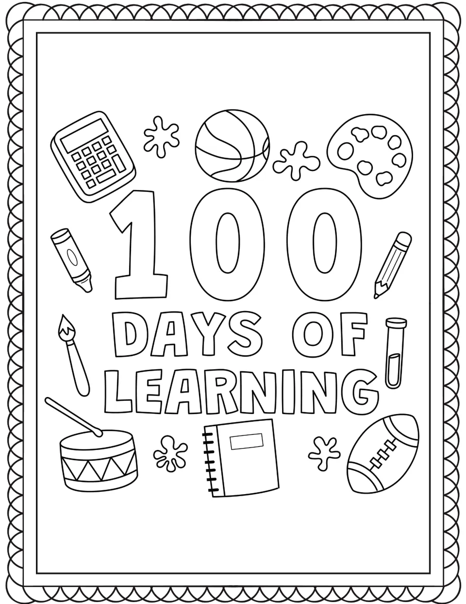 100 Days of Learning coloring page: students color the title, a calculator, ball, palette, drum, notebook and football