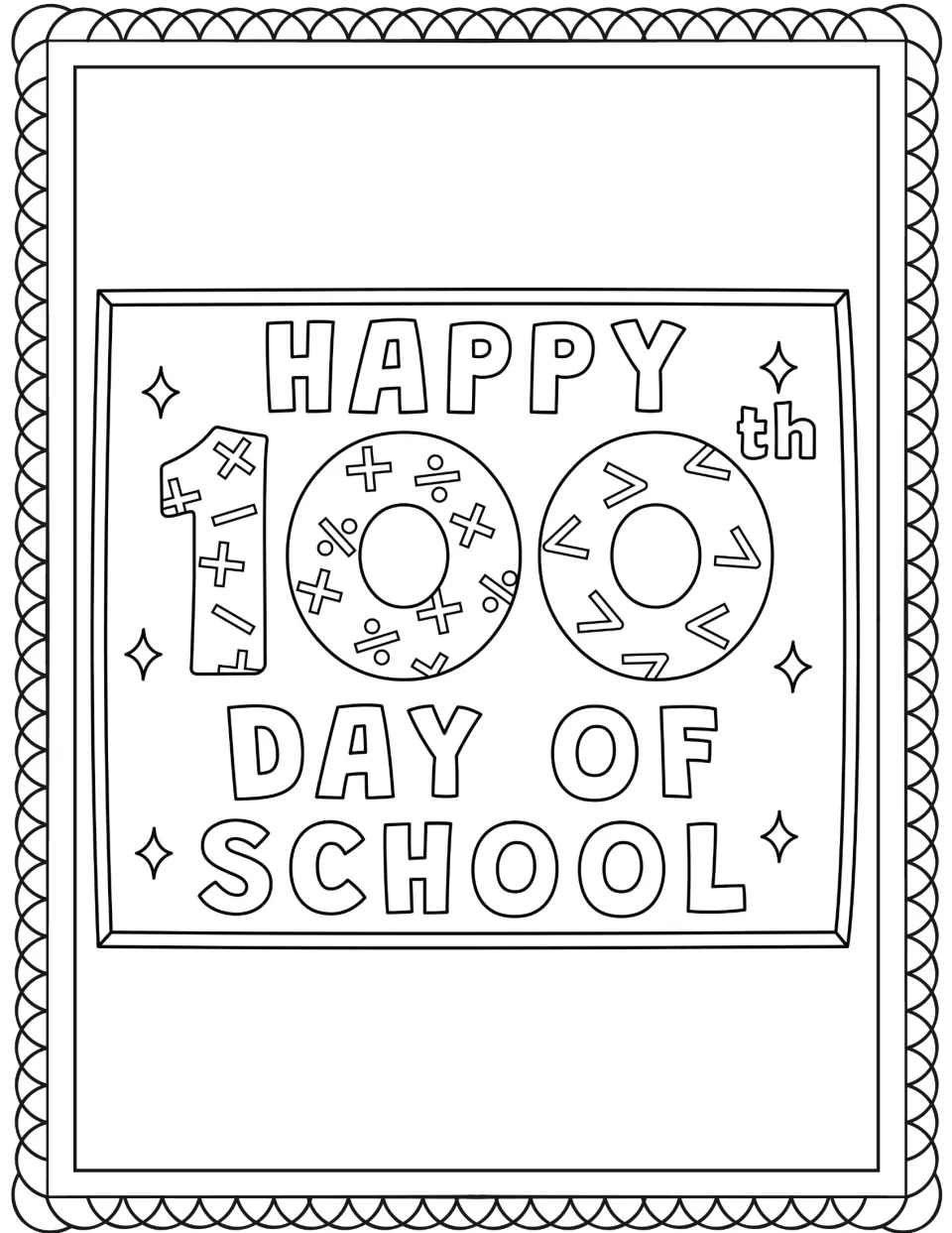 Happy 100th Day of School coloring page: students color a chalkboard sign whose 100 is filled with math symbols