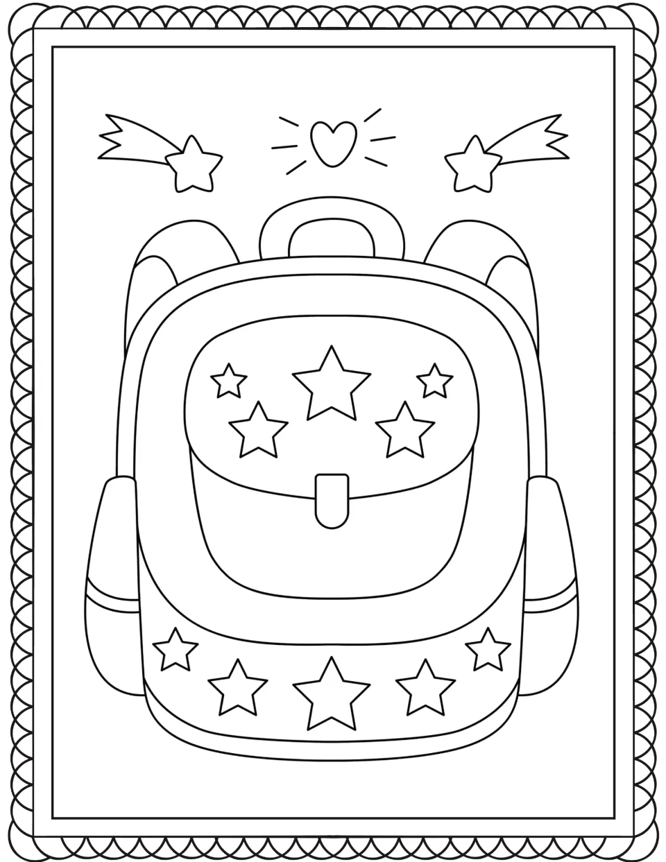 School backpack coloring page: students color a star-covered backpack with two shooting stars and a heart above it