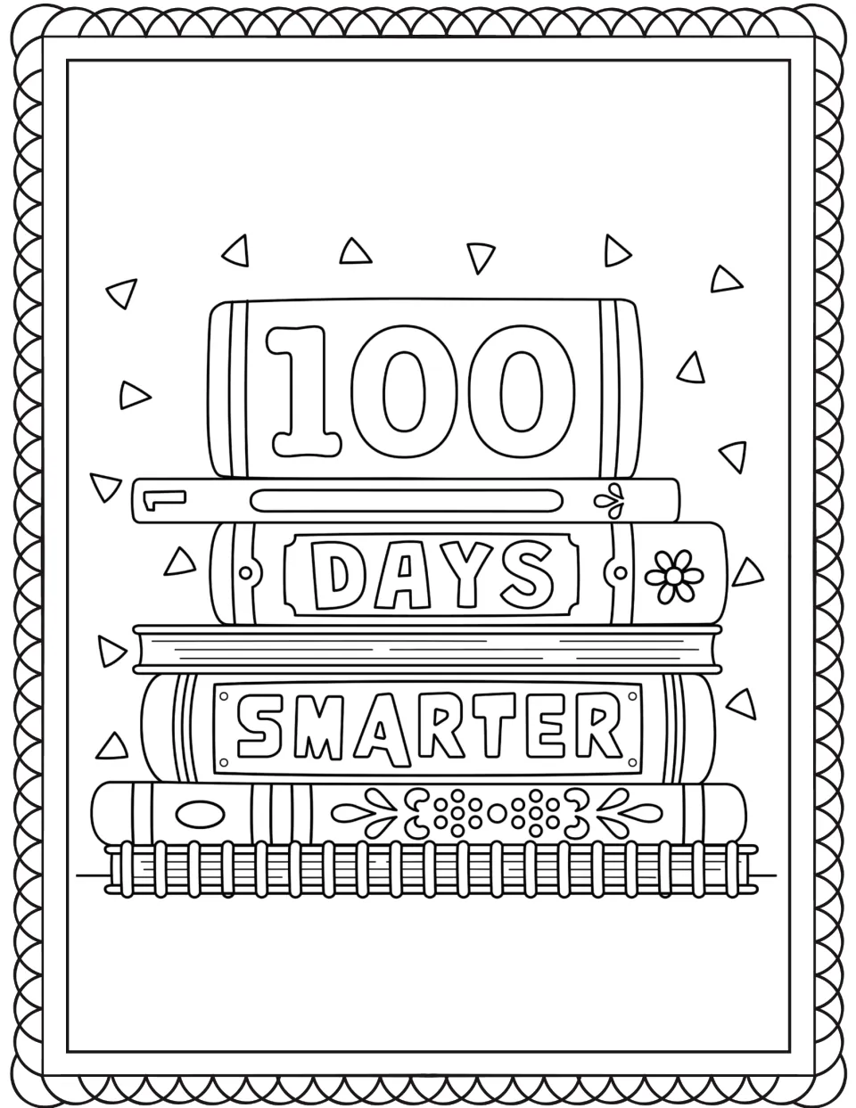 100 Days Smarter coloring page: students color a stack of books whose spines spell out 100, Days and Smarter
