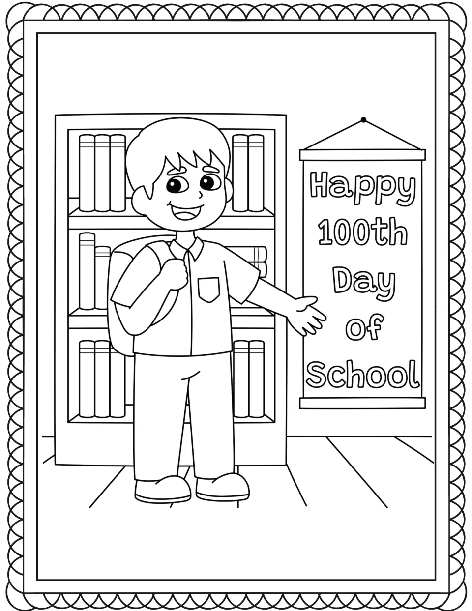 Boy by a bookshelf coloring page: students color a boy with a backpack pointing to a Happy 100th Day of School banner