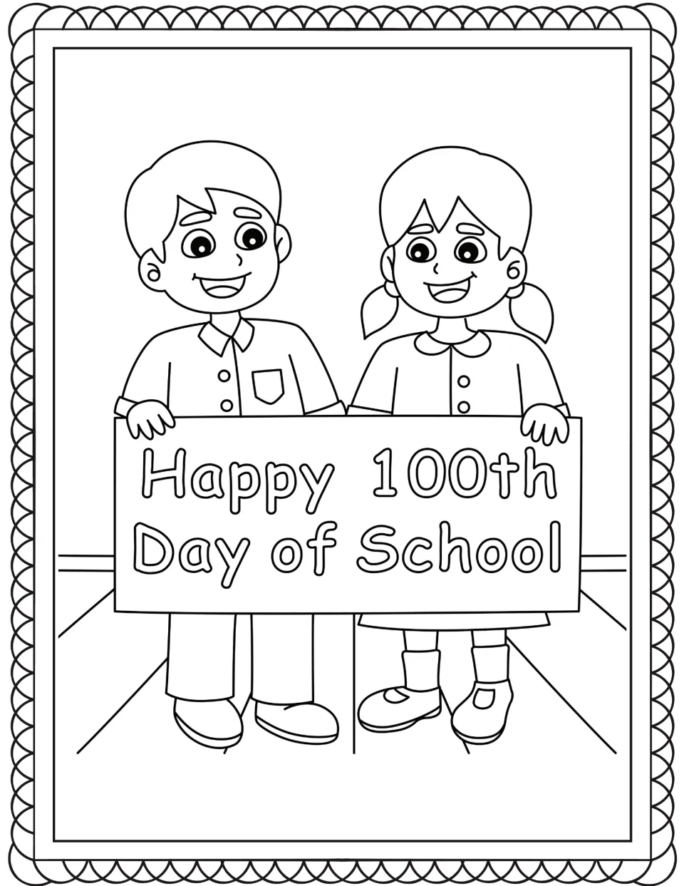 Two children holding a Happy 100th Day of School sign coloring page: students color the boy, girl and lettered sign