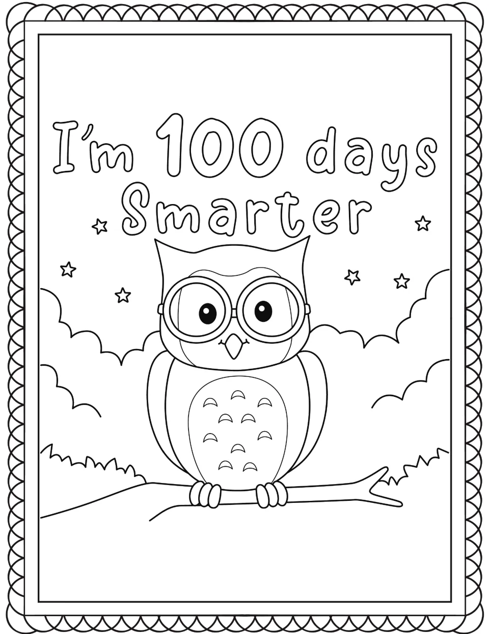 I'm 100 days Smarter coloring page: students color an owl wearing round glasses on a branch with clouds and small stars