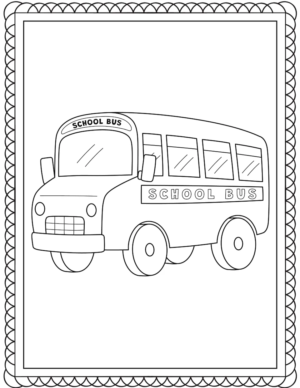 School bus coloring page: students color a bus outline labeled School Bus on the front sign and side panel