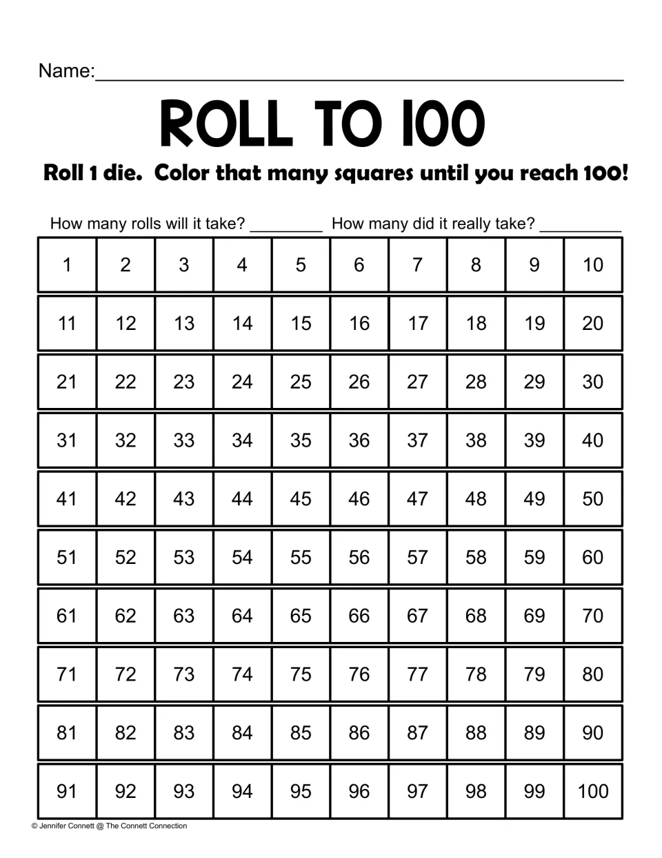 Counting game mat numbered 1–100: roll one die, color that many spaces, and predict and record total rolls.