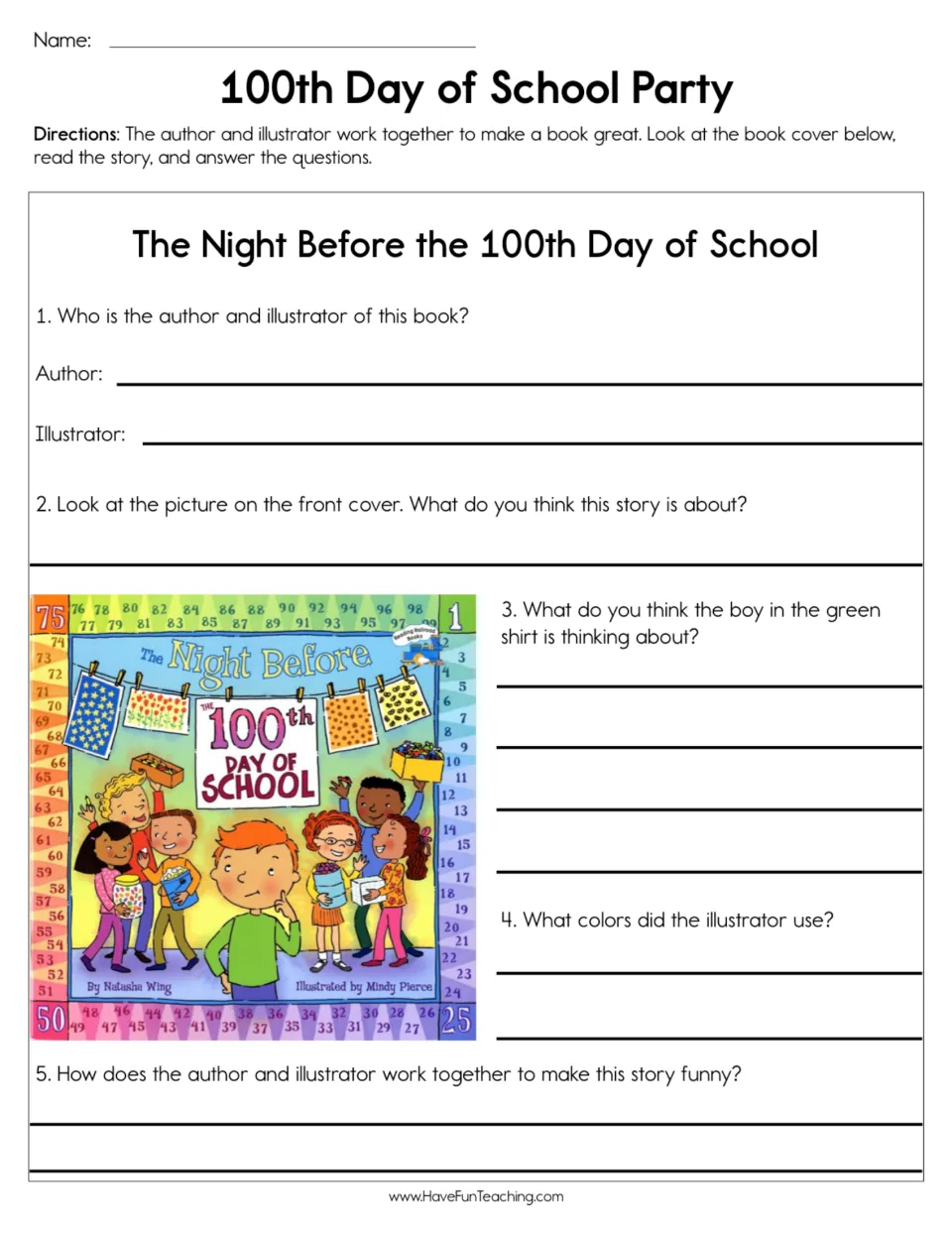 Reading worksheet: five questions about The Night Before the 100th Day of School and its cover illustration