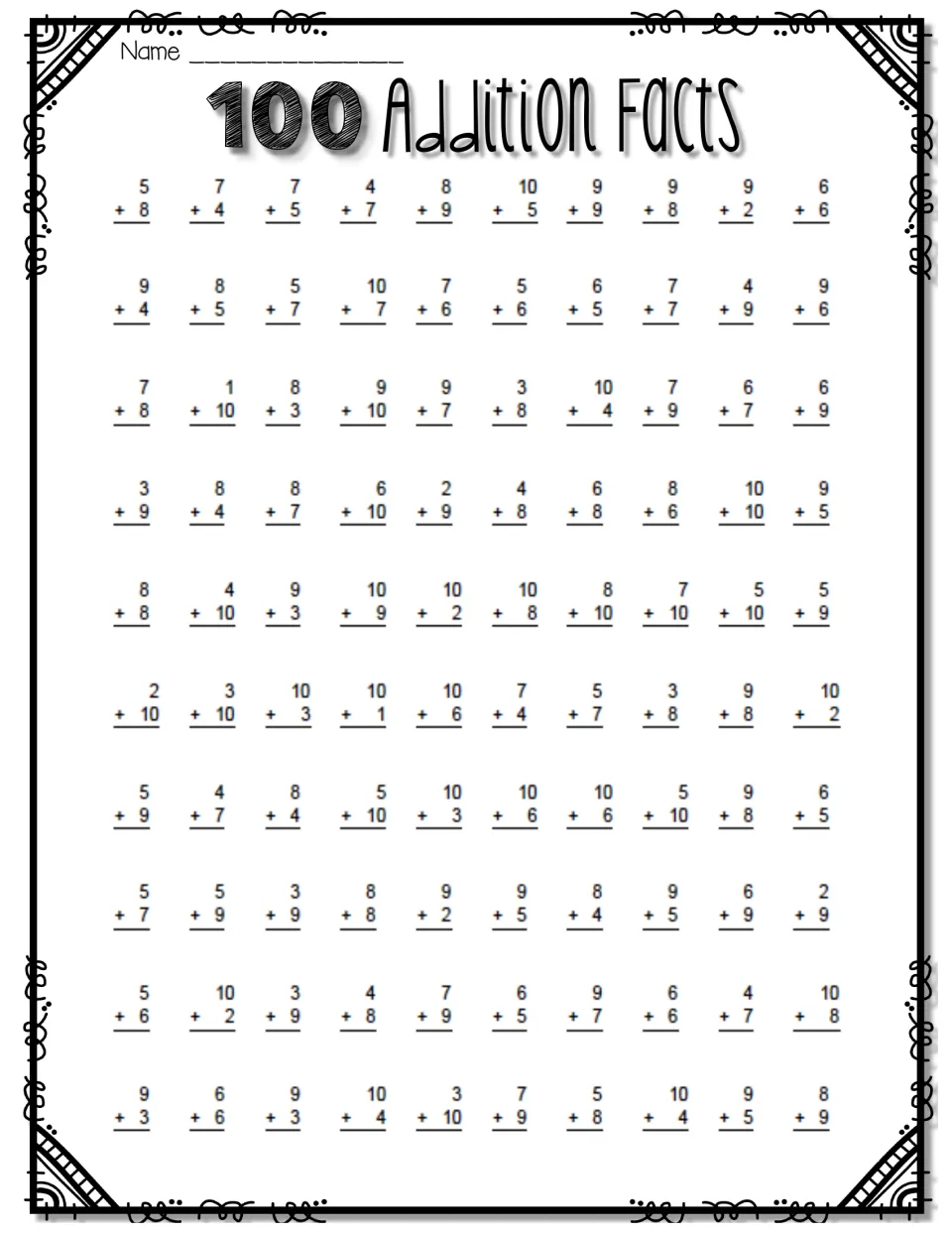100 Addition Facts: students solve 100 vertical sums with addends from 1 to 10 for addition fact fluency practice