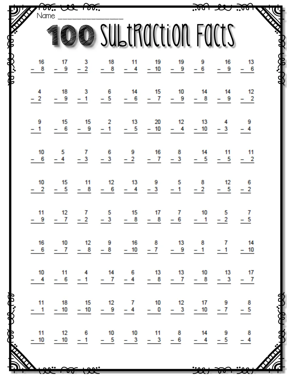 100 Subtraction Facts: students solve 100 vertical problems with numbers up to 20, practising subtraction fluency