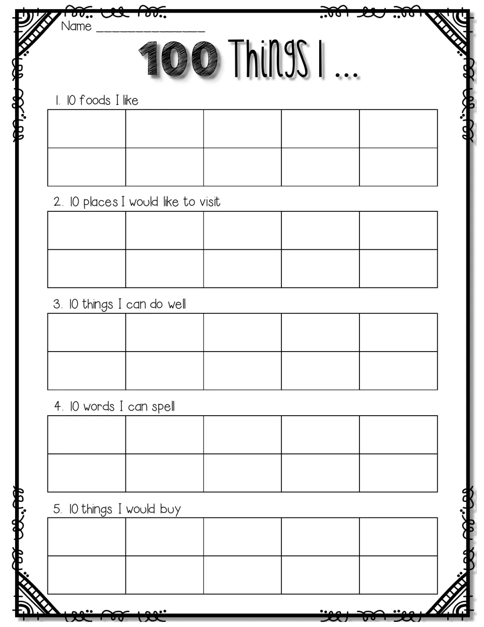 100 Things I list, part 1: students write 10 foods, places to visit, things they do well, spelling words and things to buy