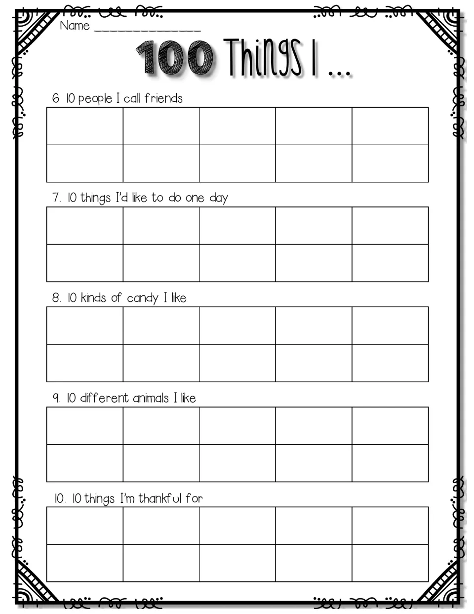 100 Things I list, part 2: students name 10 friends, future goals, candies, animals and things they're thankful for