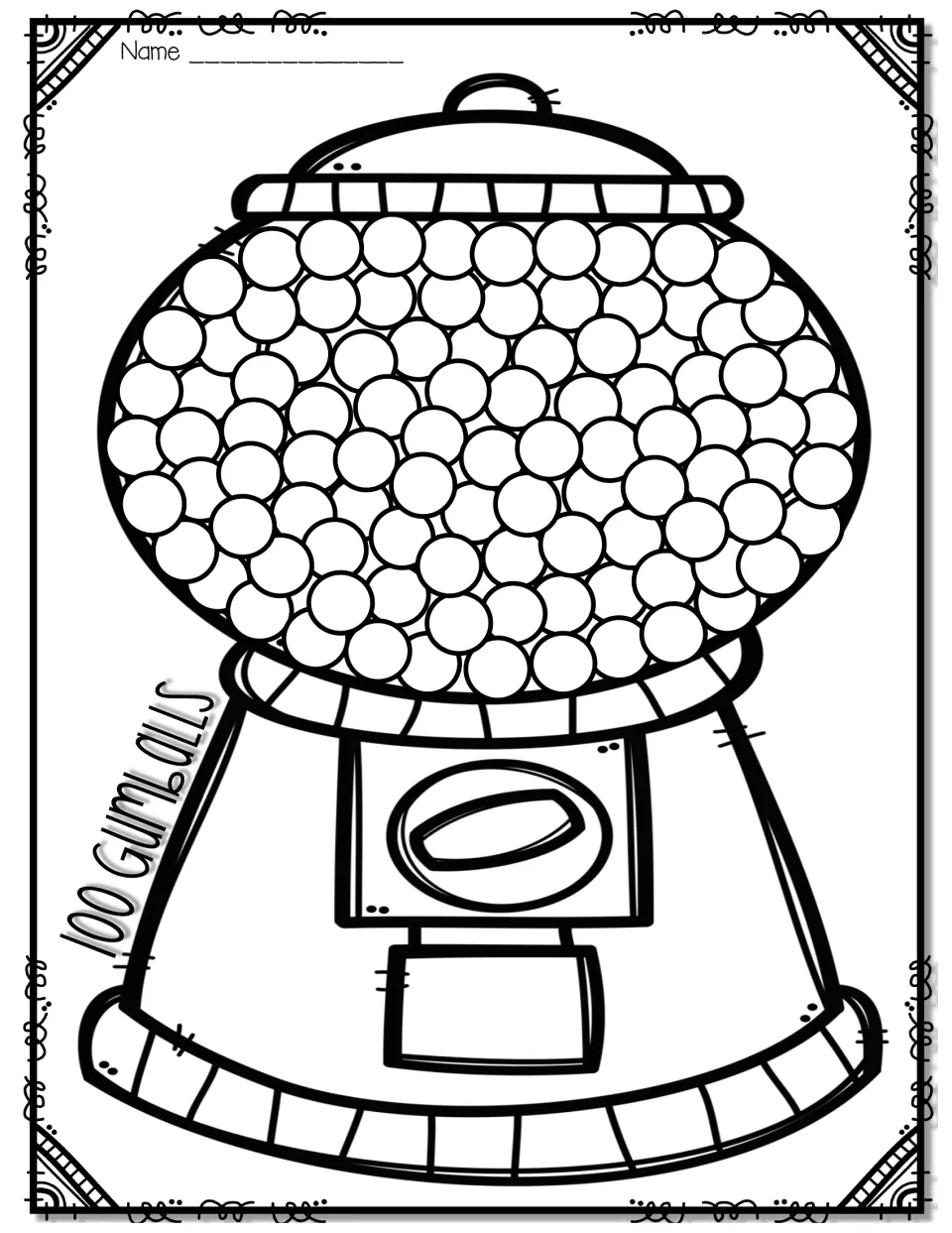 100 Gumballs coloring page: a gumball machine filled with 100 blank circles for students to color or count one by one