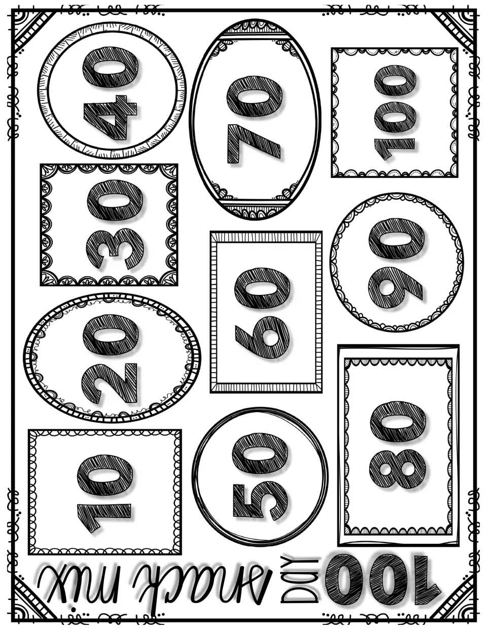 100 Day snack mix mat: ten spaces labelled 10, 20, 30 up to 100 for sorting snack pieces and skip counting by tens