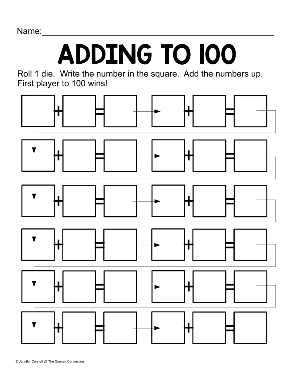 Adding to 100 dice game: students roll a die and add each roll to a running total in 12 linked sums until a player hits 100