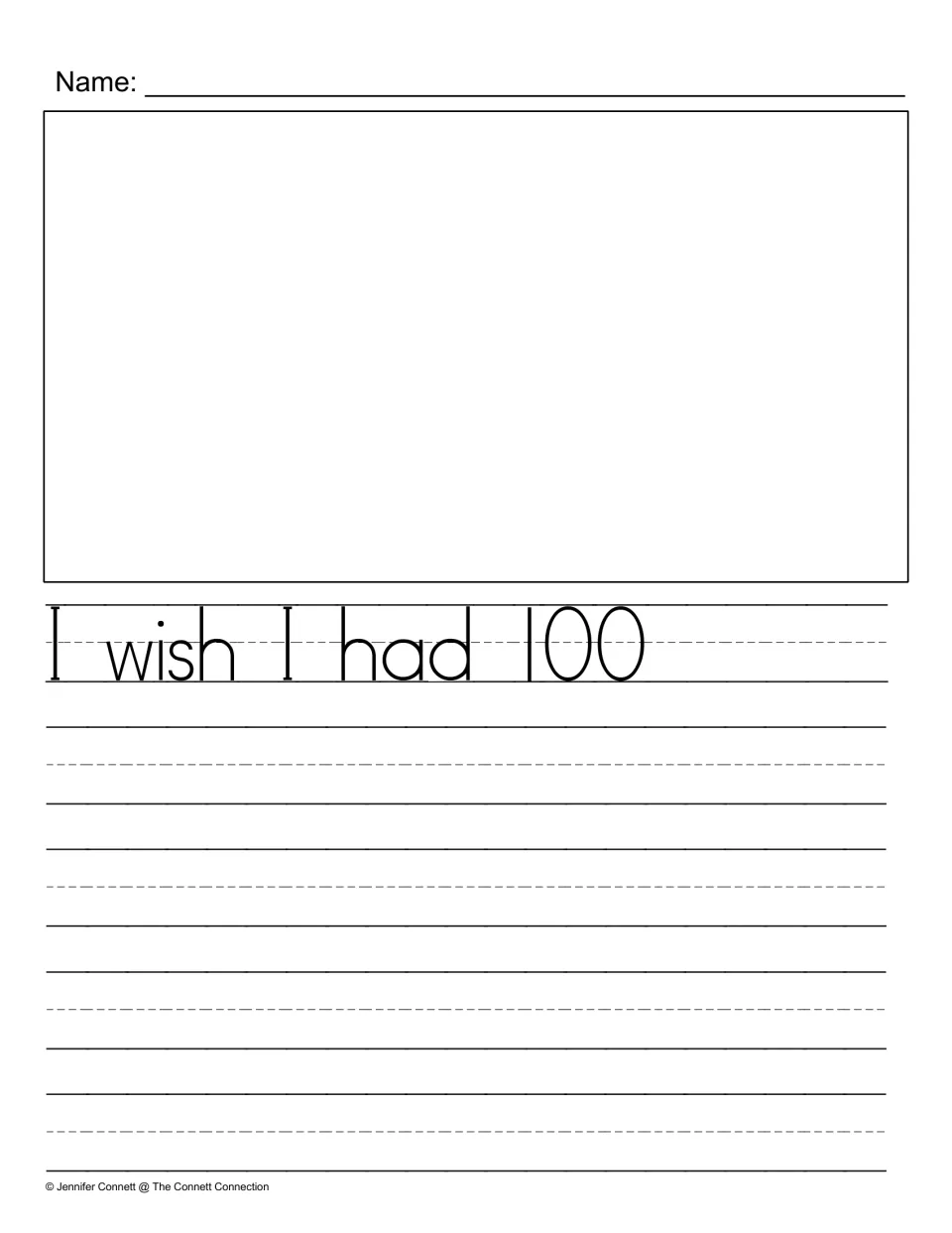 100th day wish page with the starter printed solid instead of dotted: students draw their wish and finish the sentence