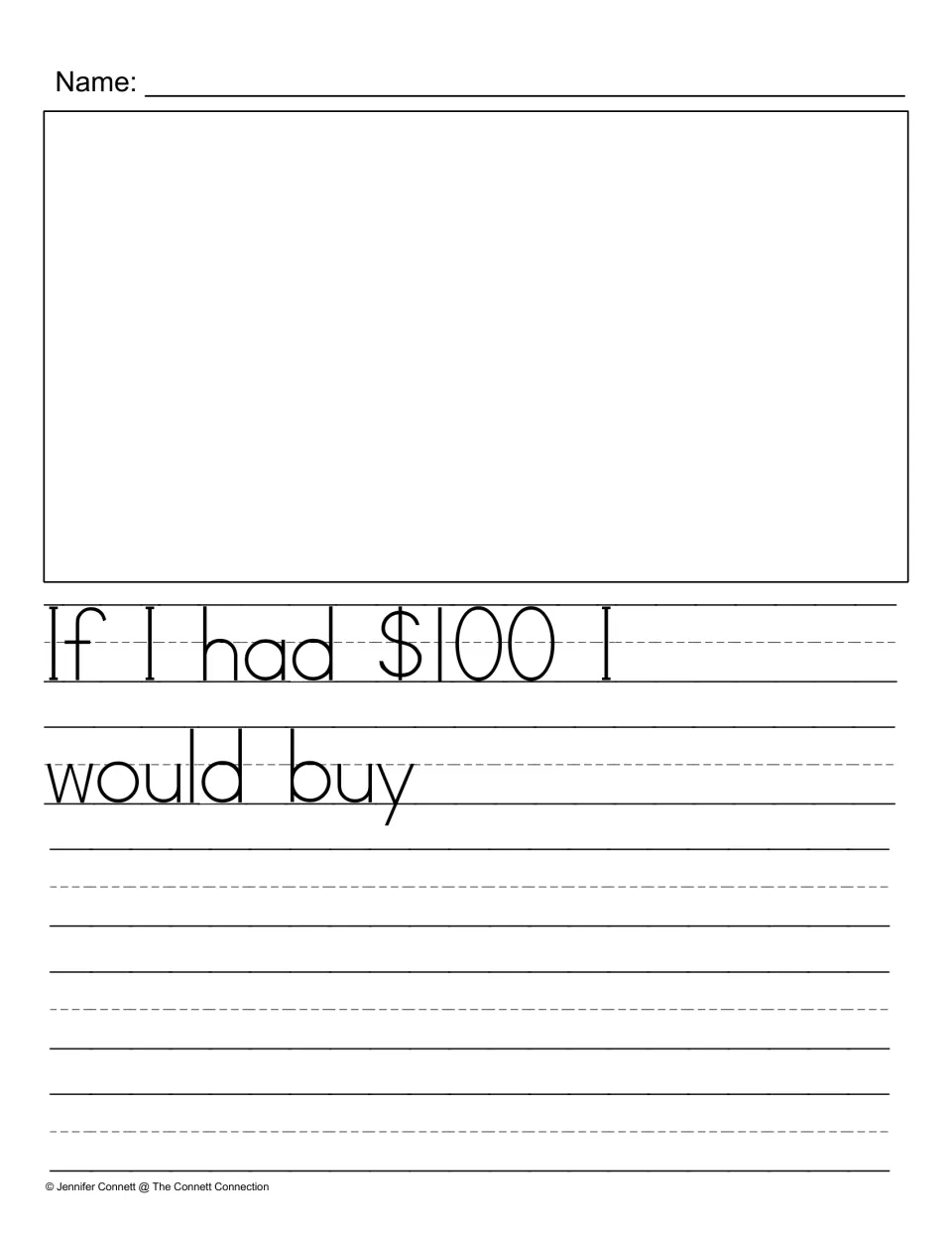 Spending $100 prompt, solid-print version: students read the starter, write what they would buy and draw it