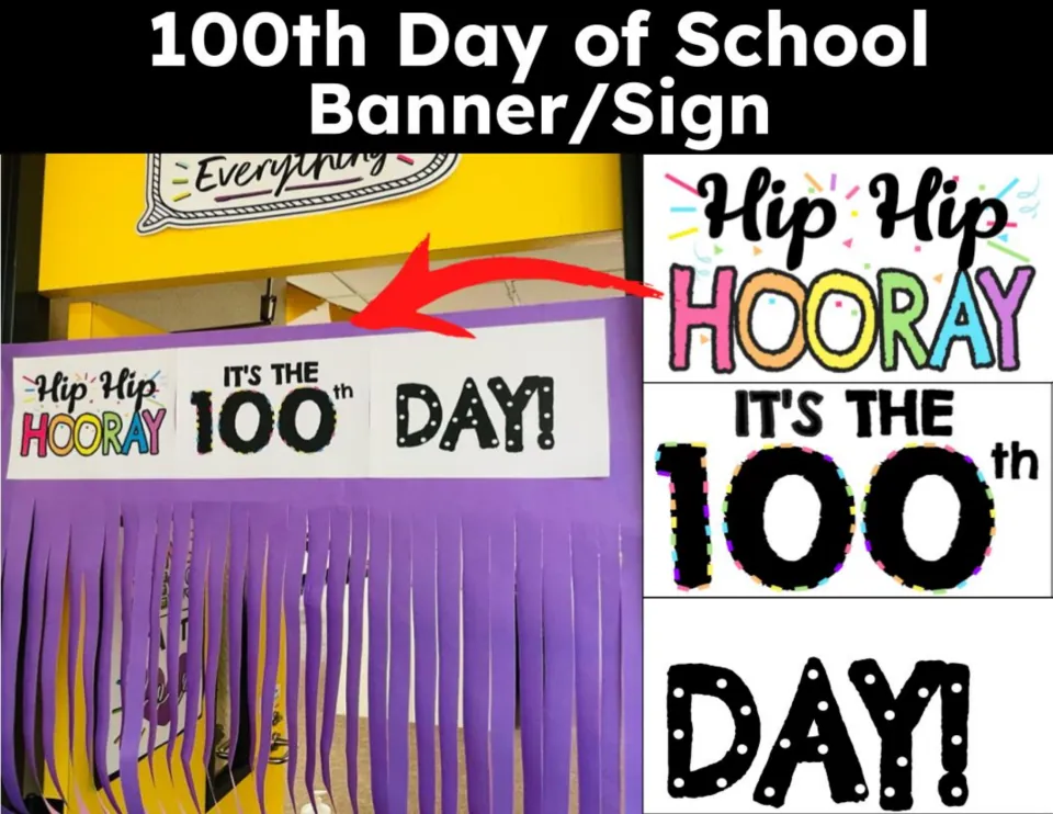 100th Day of School banner cover: photo of Hip Hip Hooray, It's the 100th Day! sign over a purple fringed classroom door