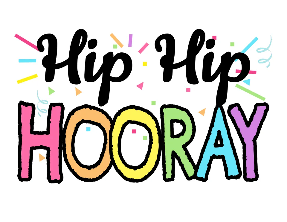 Banner piece 1 of 3: 'Hip Hip HOORAY' in black script and rainbow block letters with confetti, printed to start the sign
