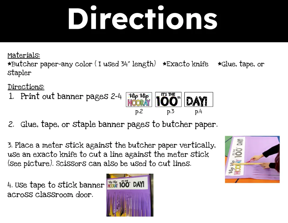 Banner directions: materials list, then steps to print pages 2-4, glue to butcher paper, cut fringe and tape over a door
