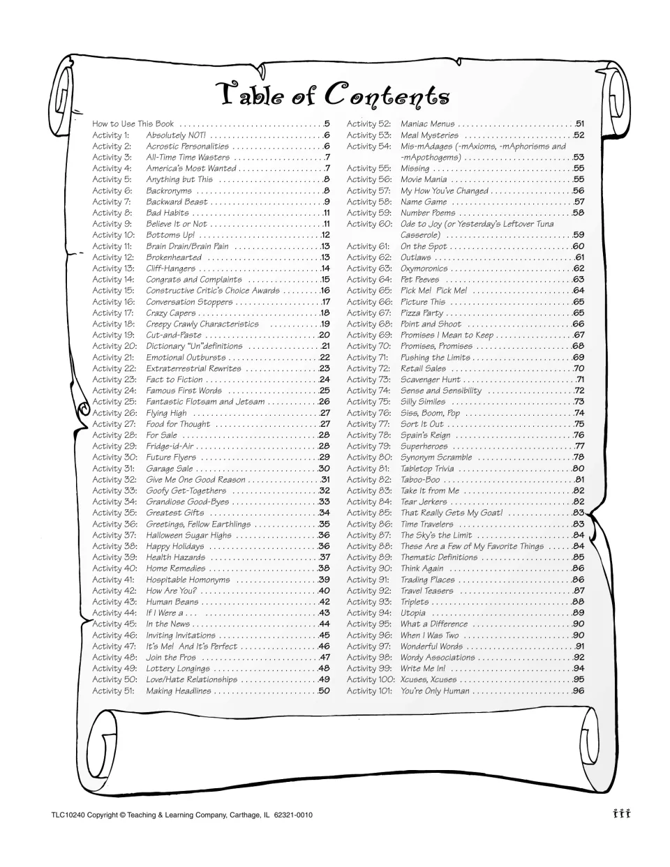 Table of contents listing How to Use This Book and all 101 writing activities, from Absolutely NOT! to You're Only Human
