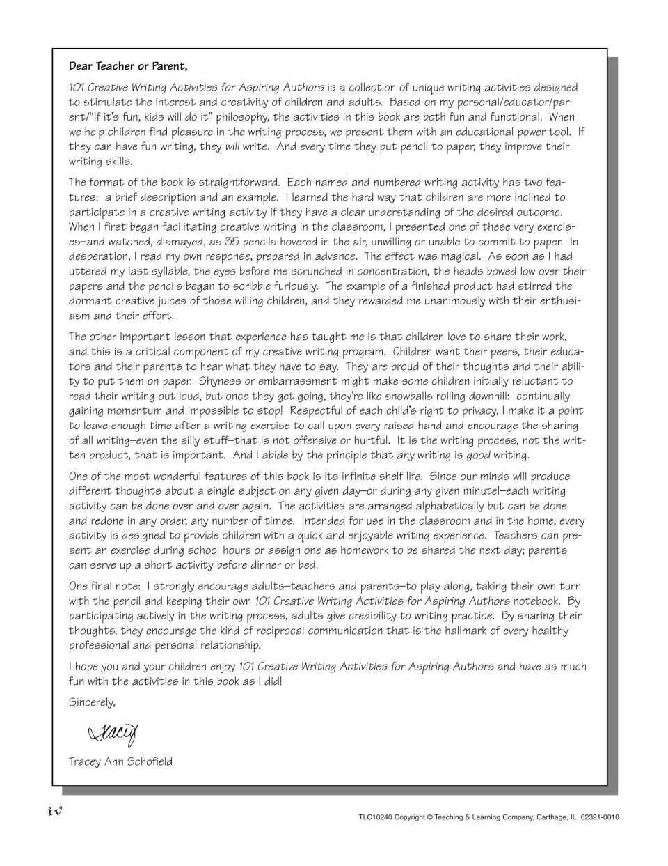 Dear Teacher or Parent letter: the author explains that each activity has a description and example and urges sharing