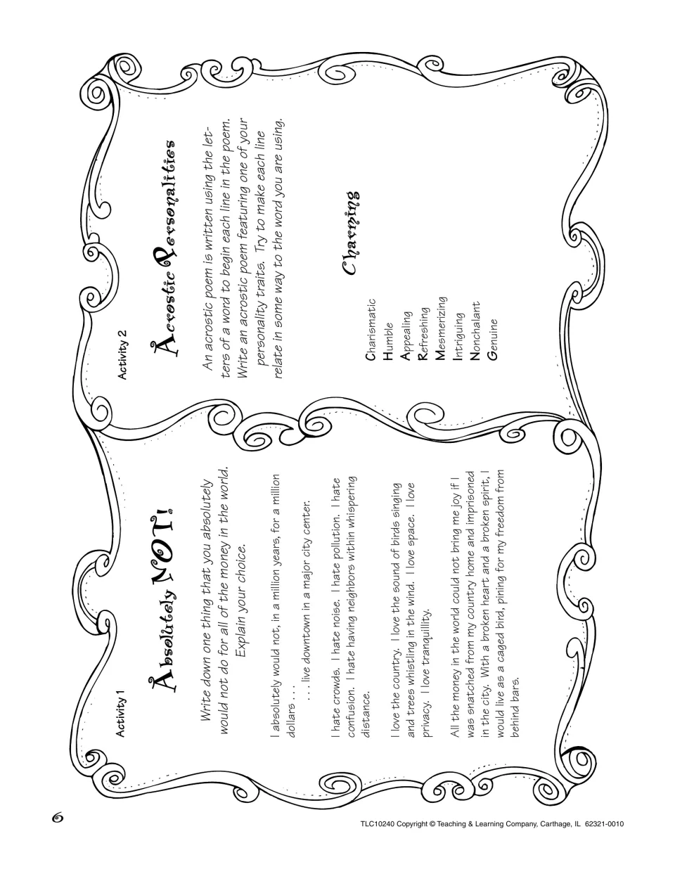 Absolutely NOT! and Acrostic Personalities prompts: students explain what they would never do and write a trait acrostic
