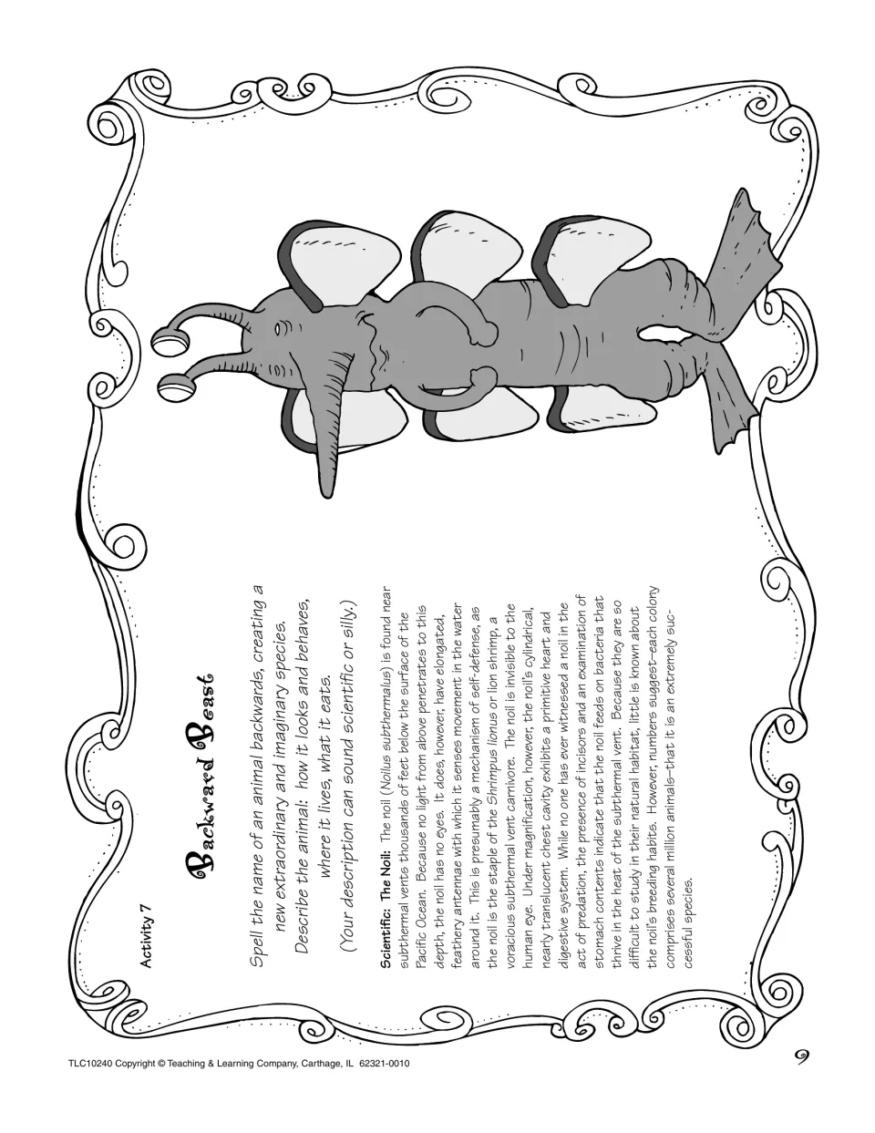 Backward Beast prompt: students spell an animal name backwards and describe the new creature, as in the noil example