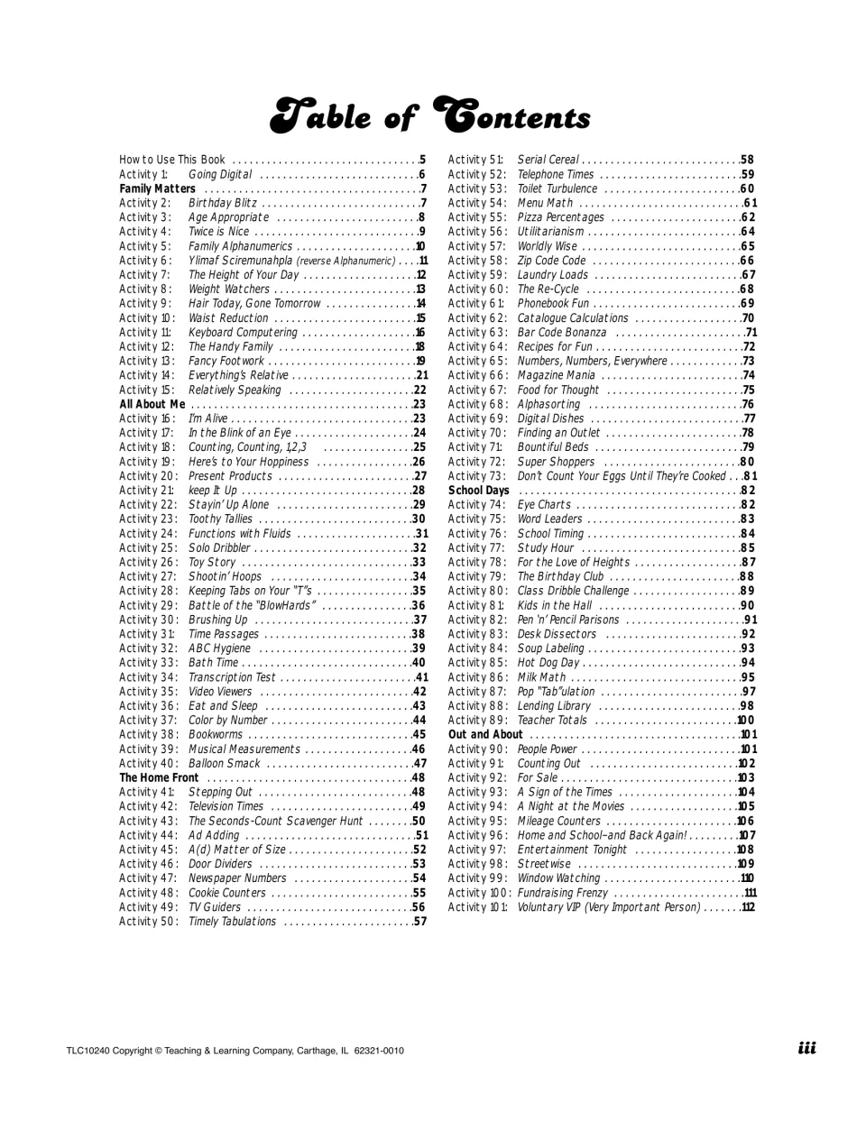 Table of contents listing all 101 activities by page, grouped into Family Matters, All About Me, School Days and more