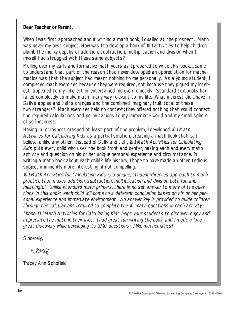 Author's letter to teachers and parents explaining that each activity bases its 10 math questions on students' own lives