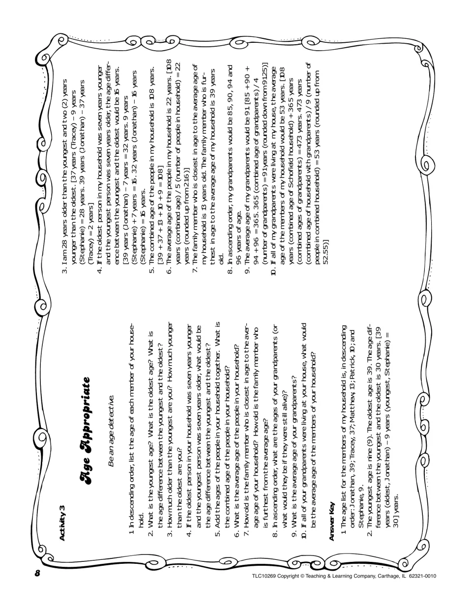 Age Appropriate, Activity 3: students order family ages and find age differences and averages; sample answers follow
