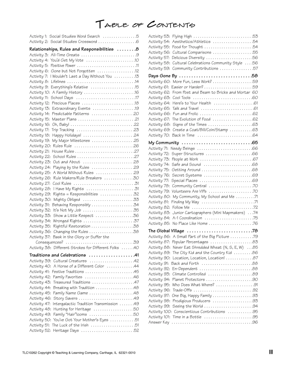 Table of contents listing Activities 1 to 101 by section, from Relationships, Rules and Responsibilities to Global Village