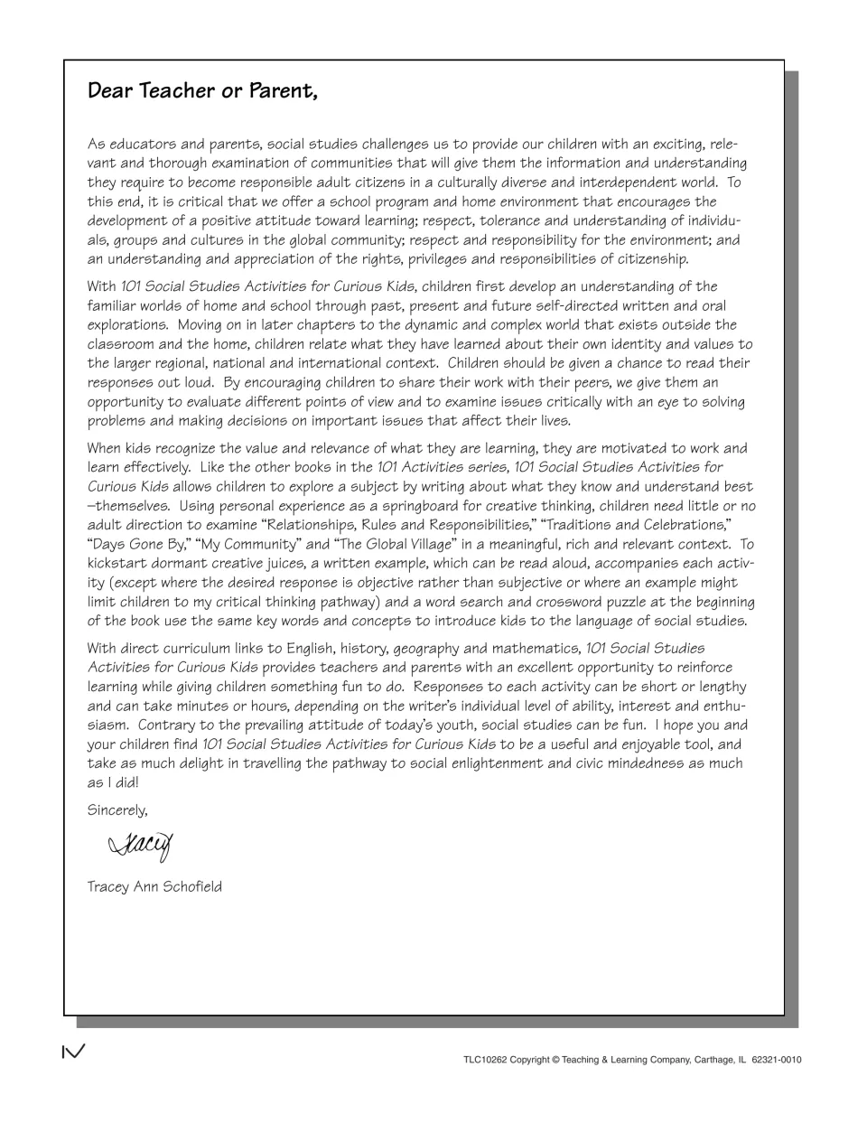 Letter to teachers and parents from the author explaining the five sections, read-aloud examples and sharing responses