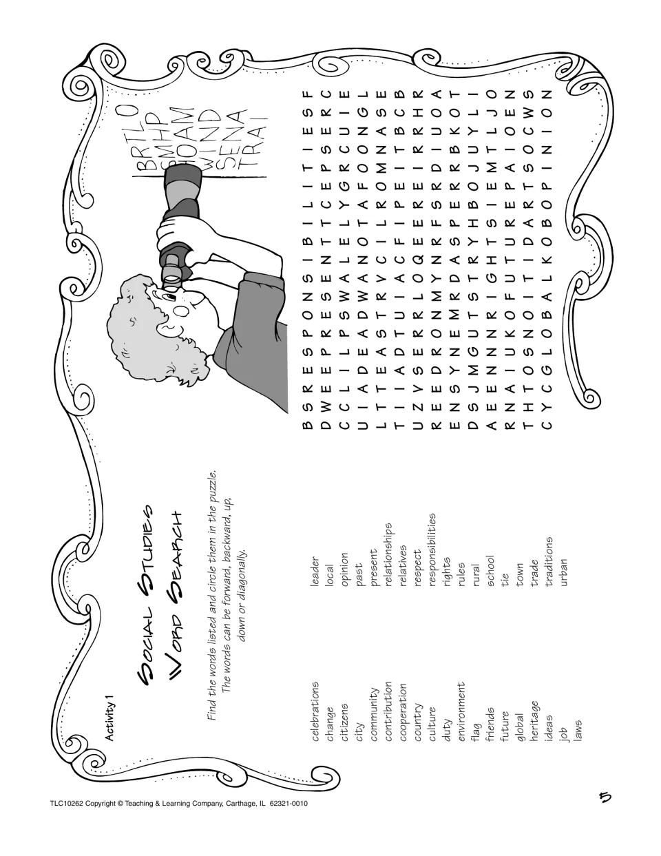 Social studies word search: students find and circle 37 terms such as citizens, heritage and rights in any direction